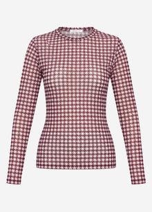 Mesh long-sleeved top with houndstooth pattern - burgundy