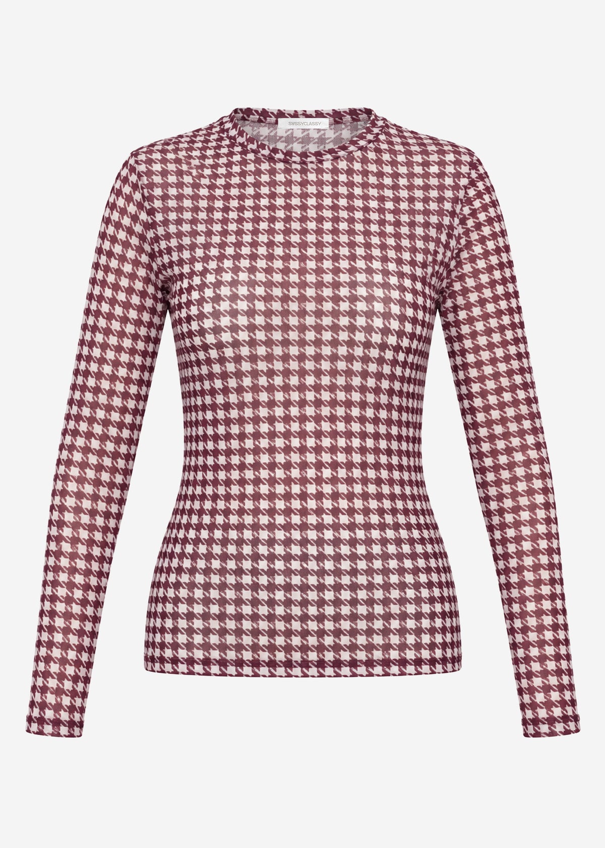 Mesh Langarmshirt mit Hahnentrittmuster - burgundy