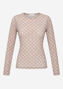 Mesh long-sleeved top with checked pattern - beige