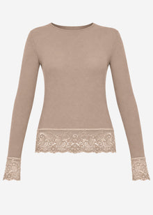 Long-sleeved top with lace trim and cashmere blend - taupe
