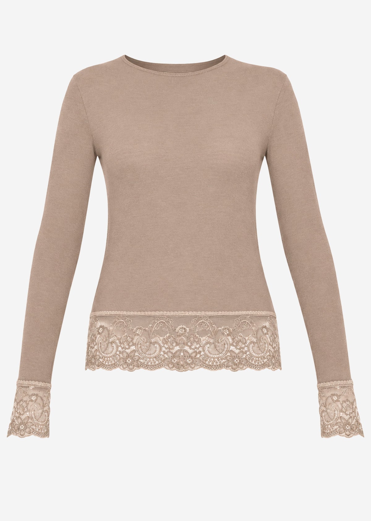 Langarmshirt mit Spitzenborte und Kaschmiranteil - taupe