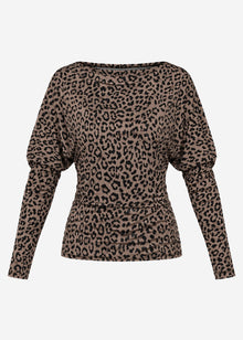 Long-sleeved top with batwing sleeves and leopard print - taupe