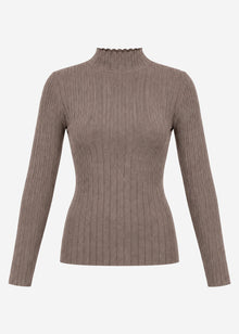 Ribbed knit top with funnel neck - taupe