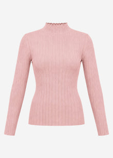 Ribbed knit top with funnel neck - dusty rose