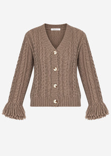 Zopfstrick-Cardigan mit Fransenbündchen - taupe