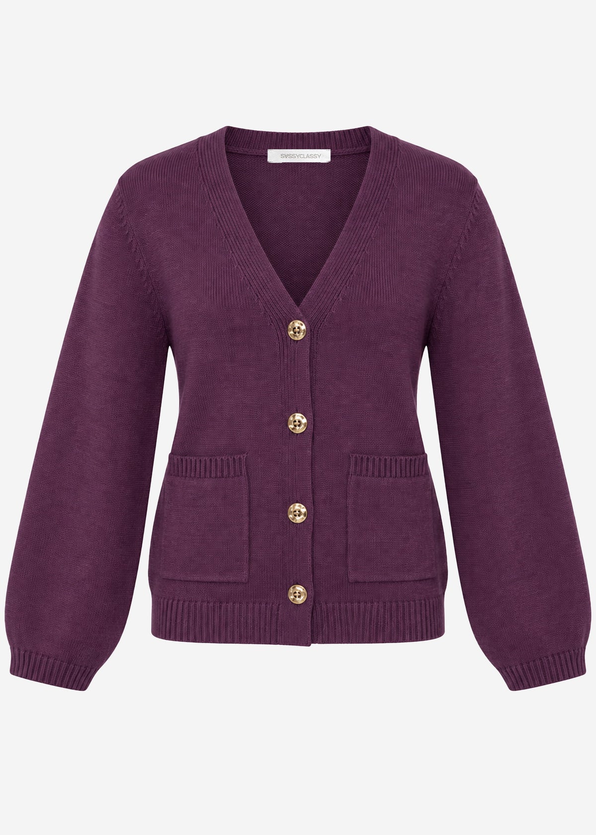 Cardigan with V-neck and gold buttons - plum
