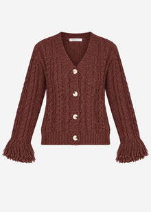 Zopfstrick-Cardigan mit Fransenbündchen - braun