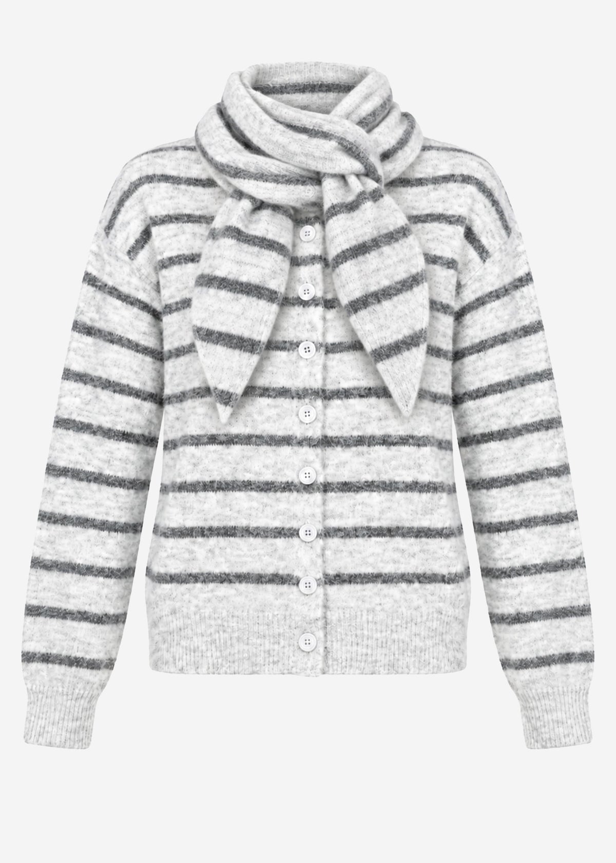 Gestreifter Cardigan mit Schal - grau