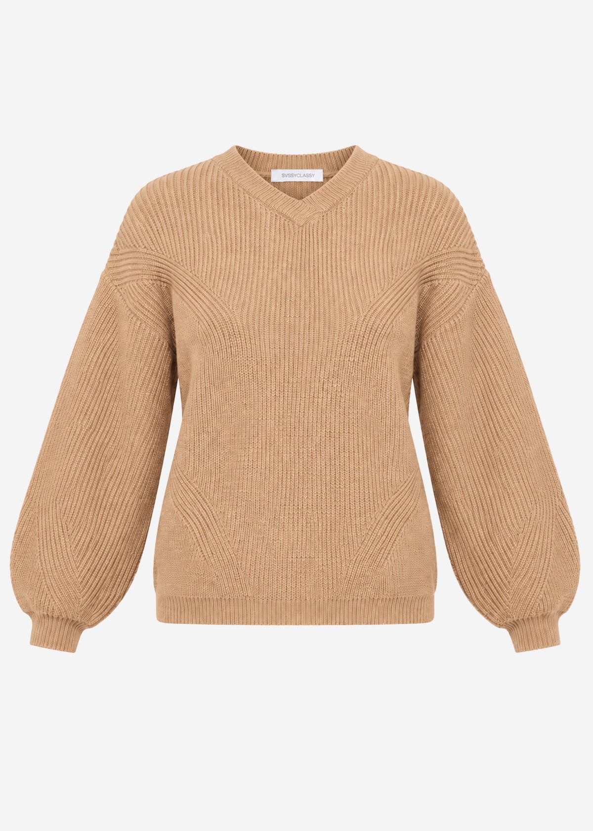 Rippstrickpullover mit hohem V-Ausschnitt - hellbraun