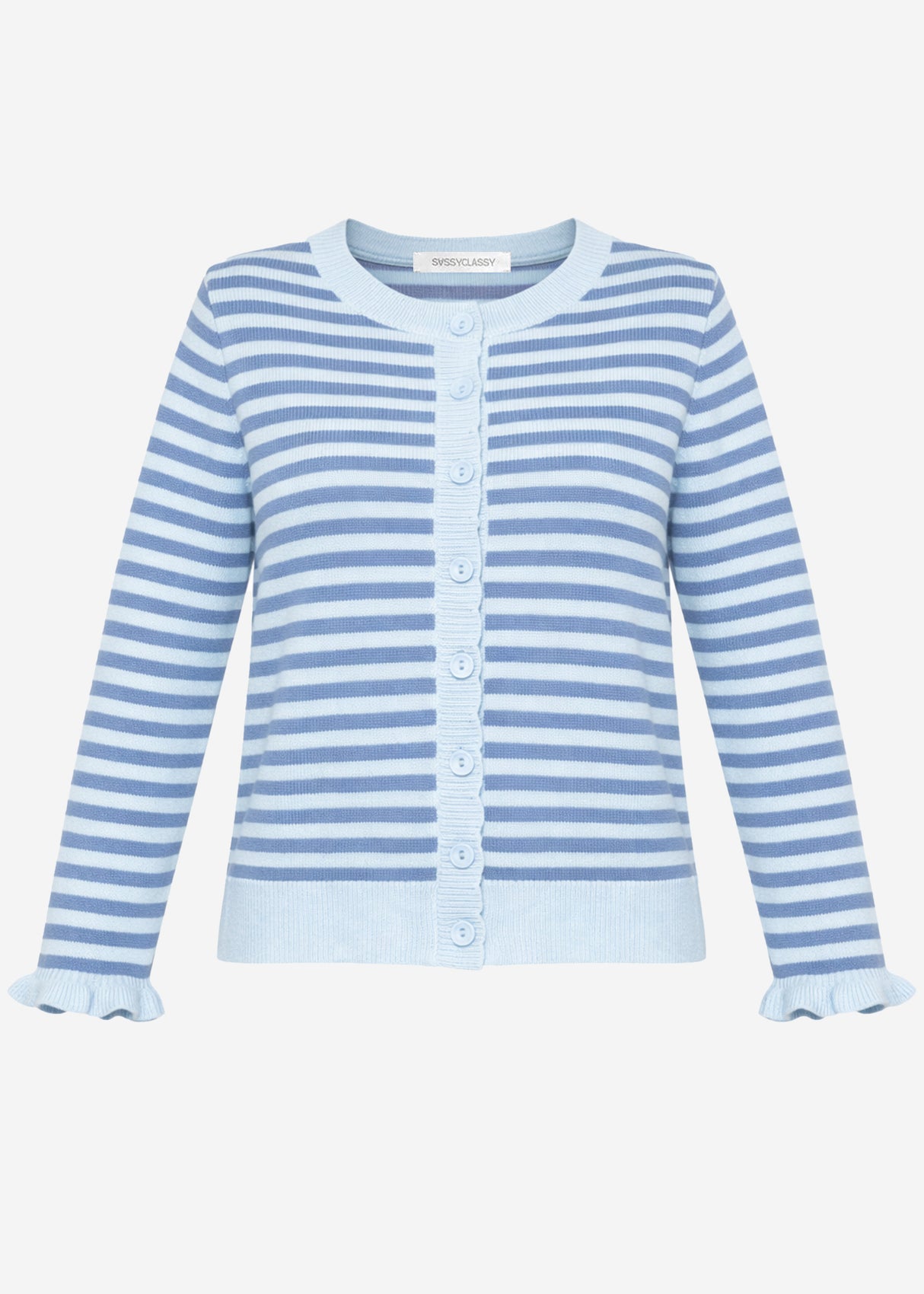 Gestreifte Strickjacke mit Volants - blau