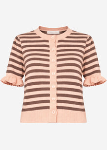 Gestreifte Kurzarm-Strickjacke mit Volants - rosa-taupe