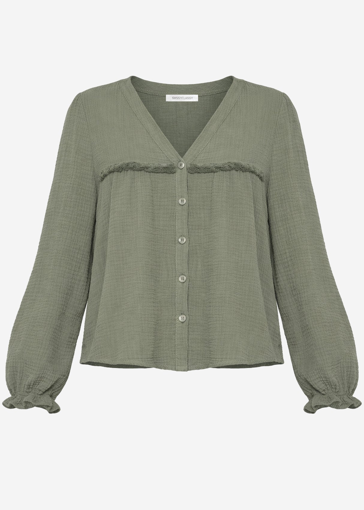 Musselin Bluse mit V-Ausschnitt und Fransen - khaki
