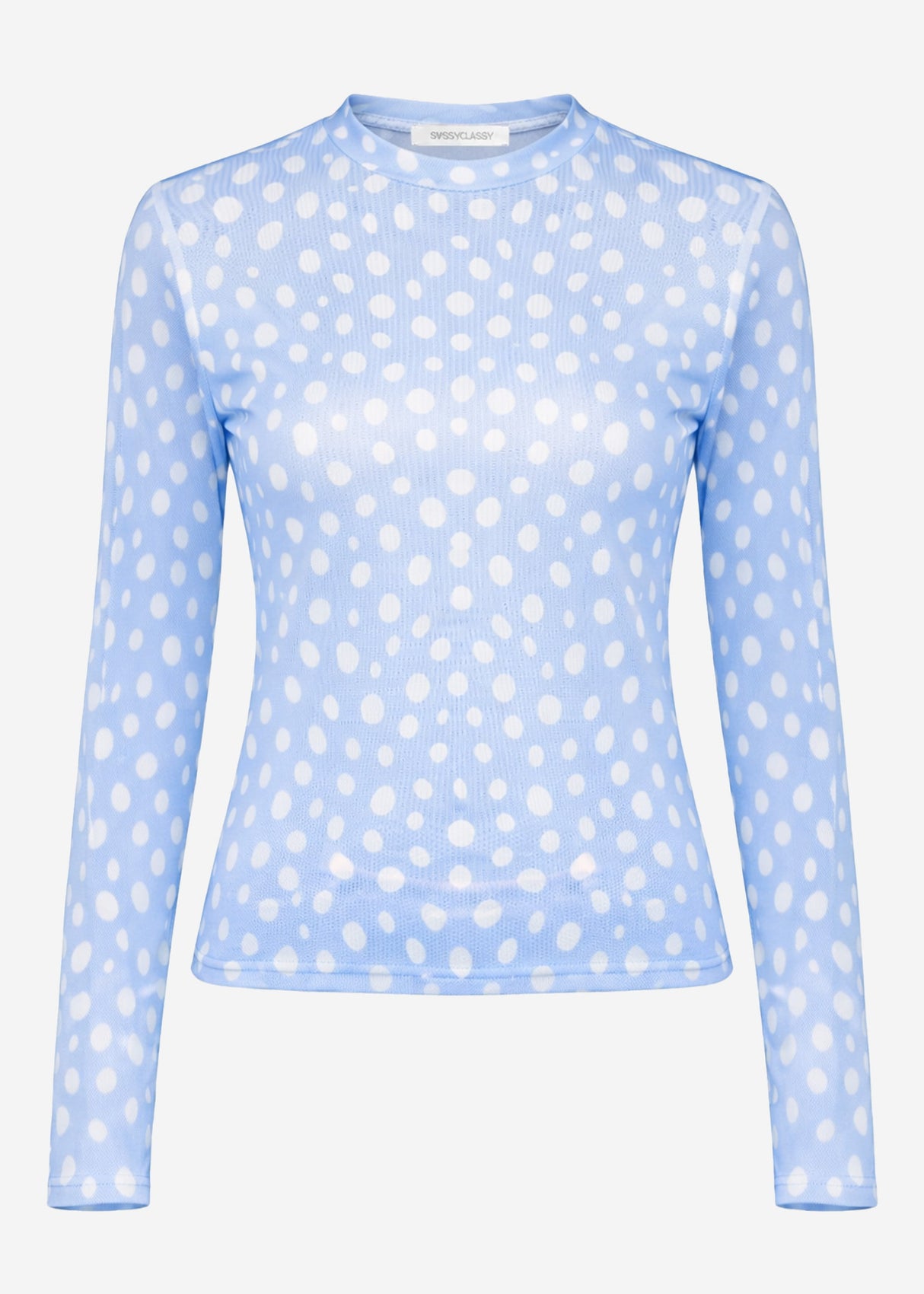 Polka dot mesh shirt with round neck - light blue