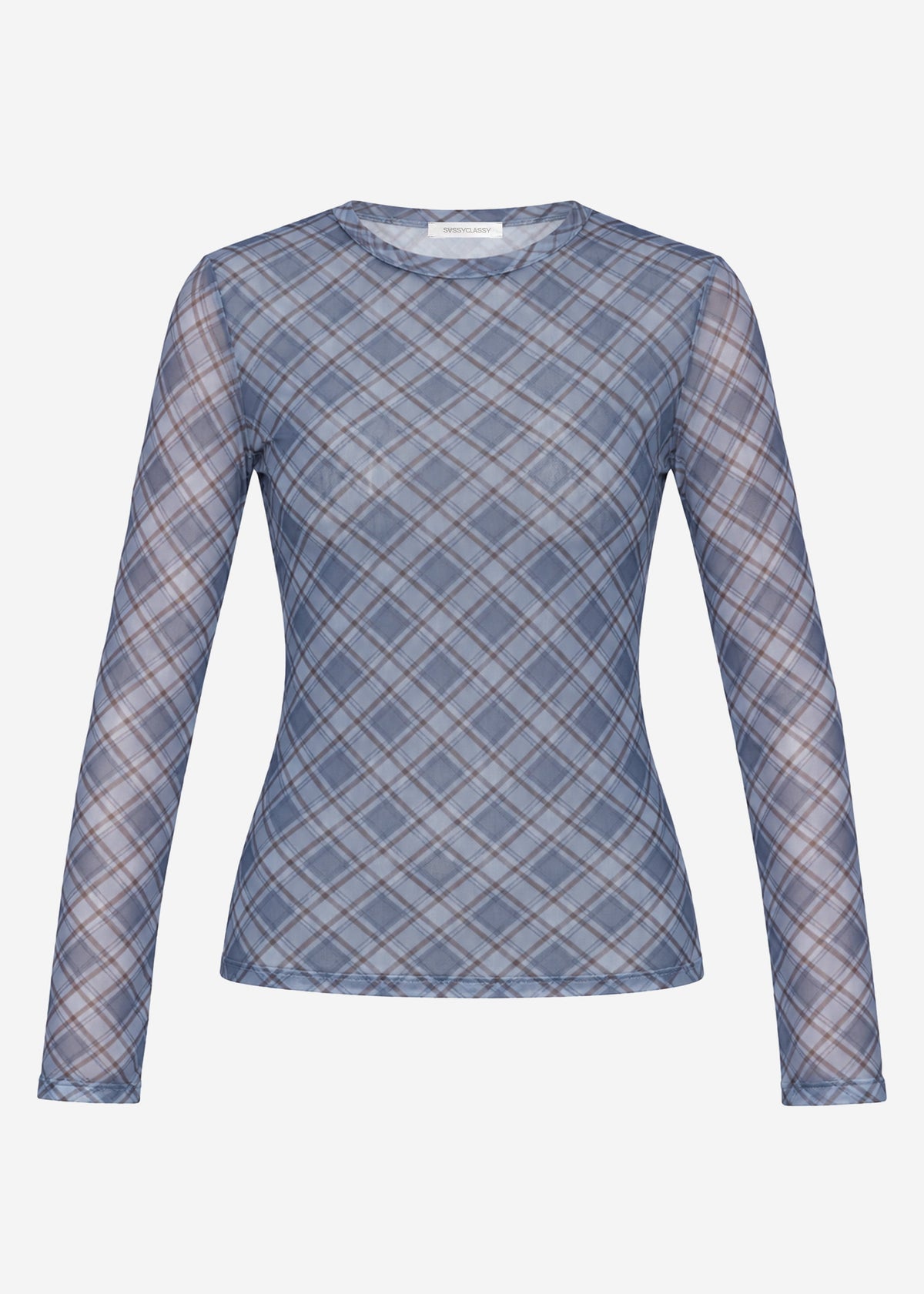 Mesh Langarmshirt mit kariertem Muster - blau