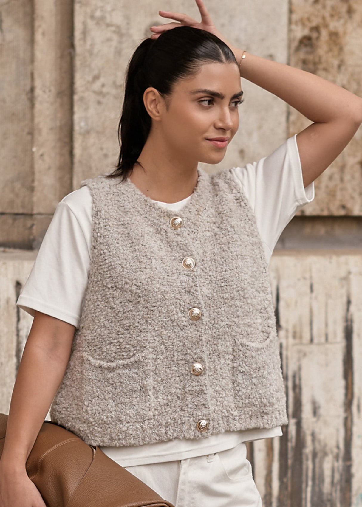 Bouclé vest with bags - Greige