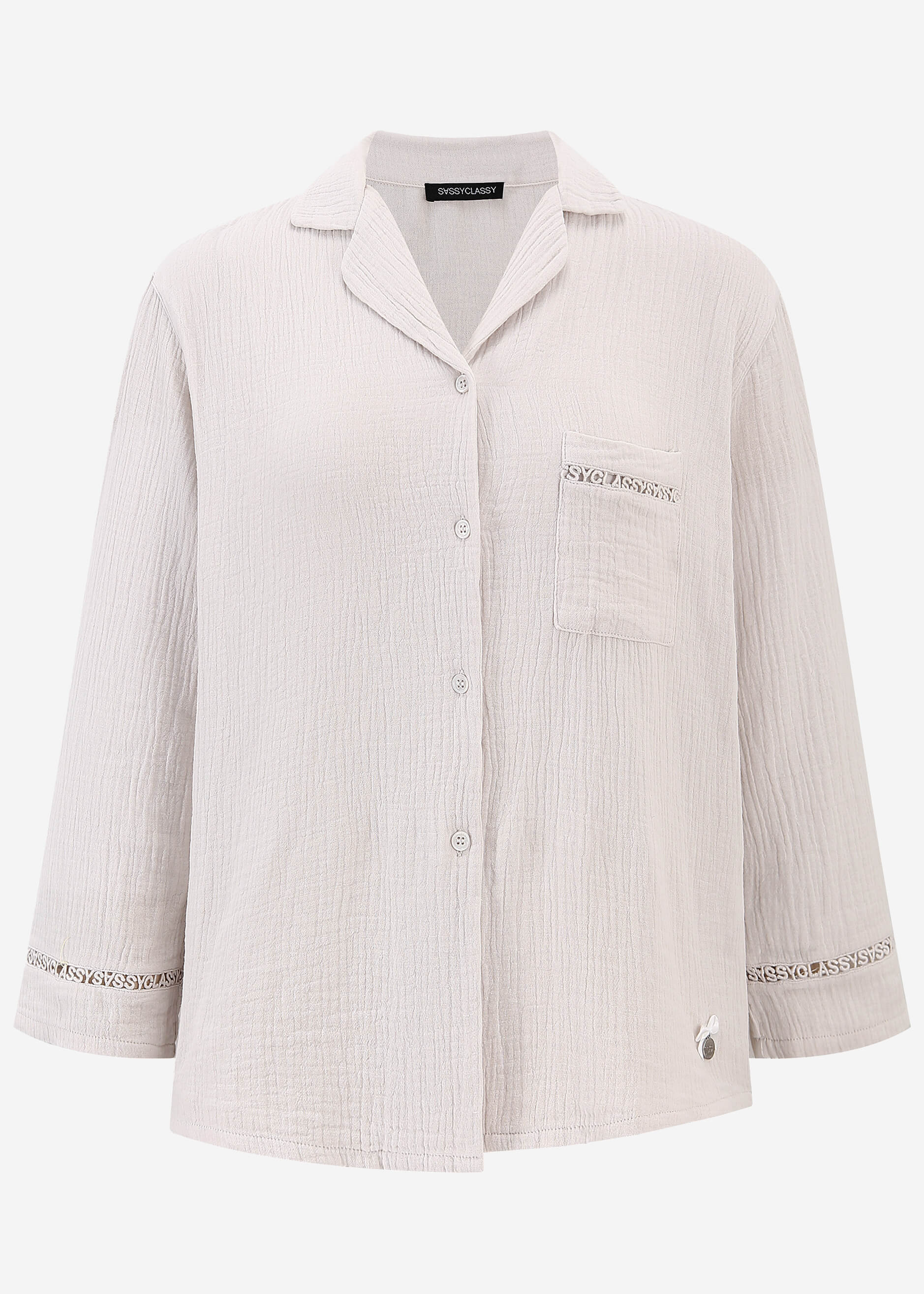 Muslin pajama blouse with lace trim - light beige