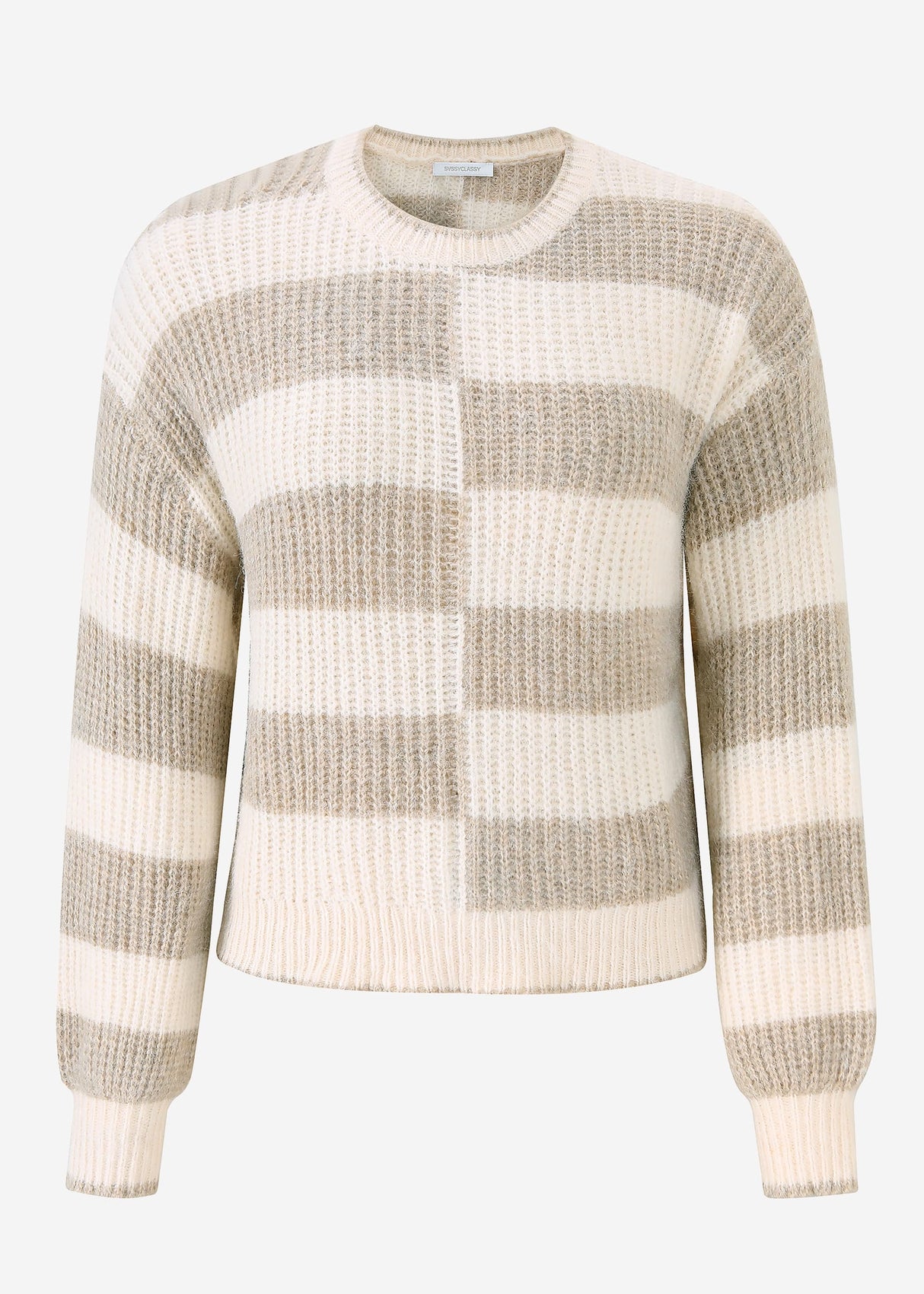 Fluffy sweater with offset block stripes - beige-off-white