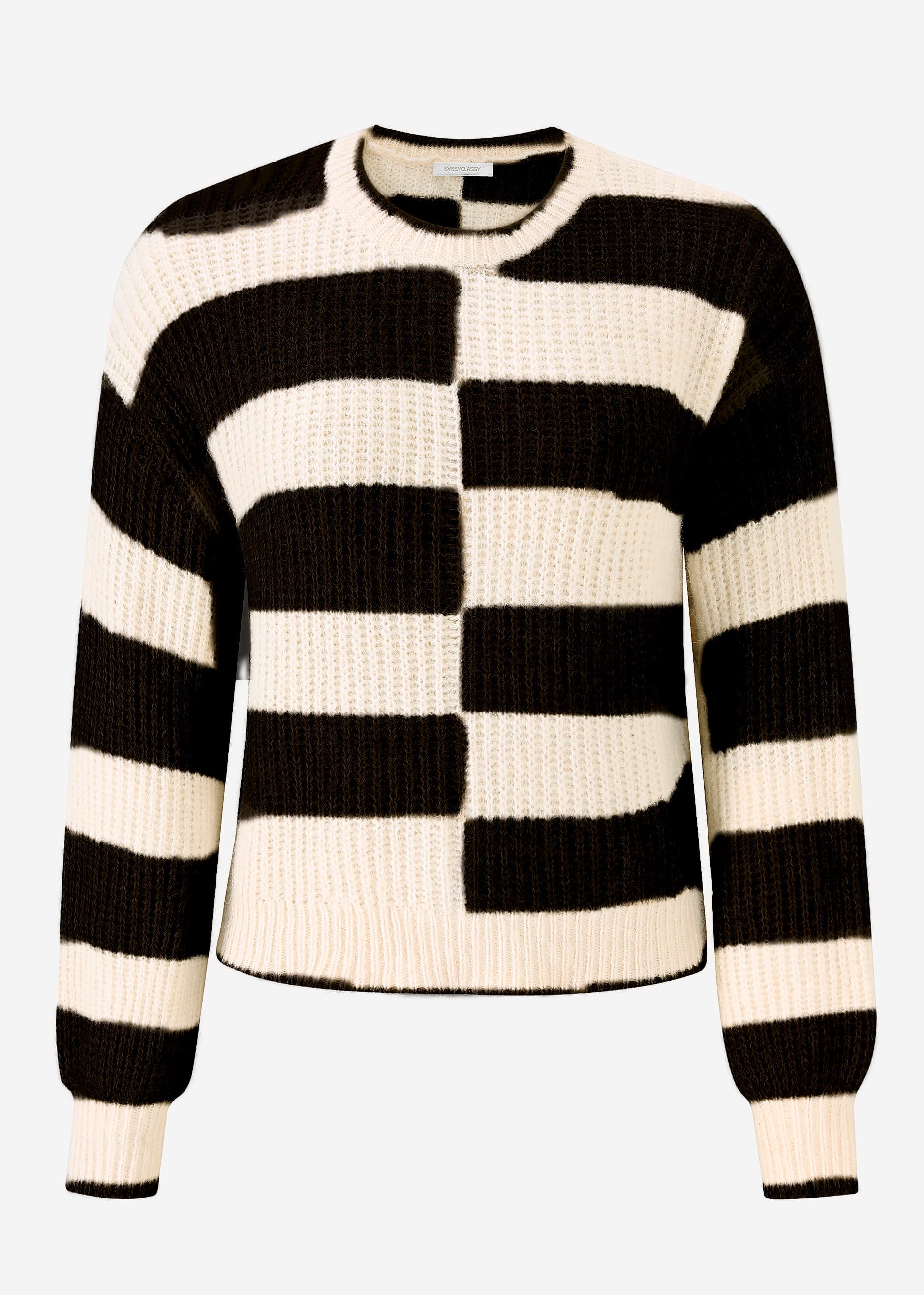 Flauschiger Pullover mit versetzten Blockstreifen - schwarz-offwhite