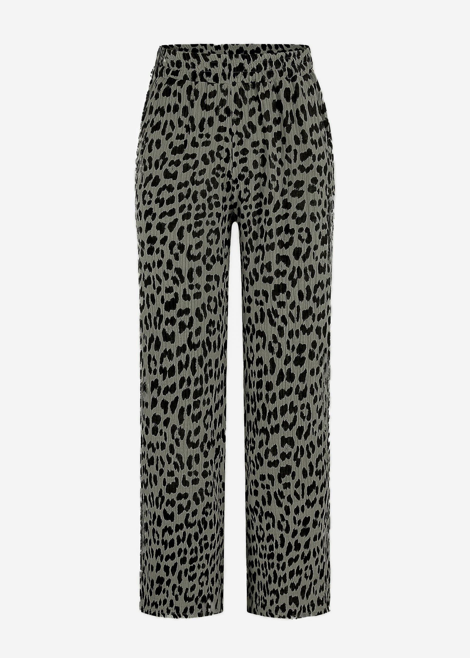Musselin Pants mit weitem Bein in Leo-Print - khaki