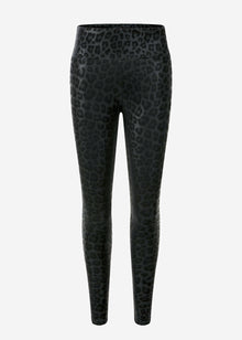 Thermal faux leather leggings with leopard print - black