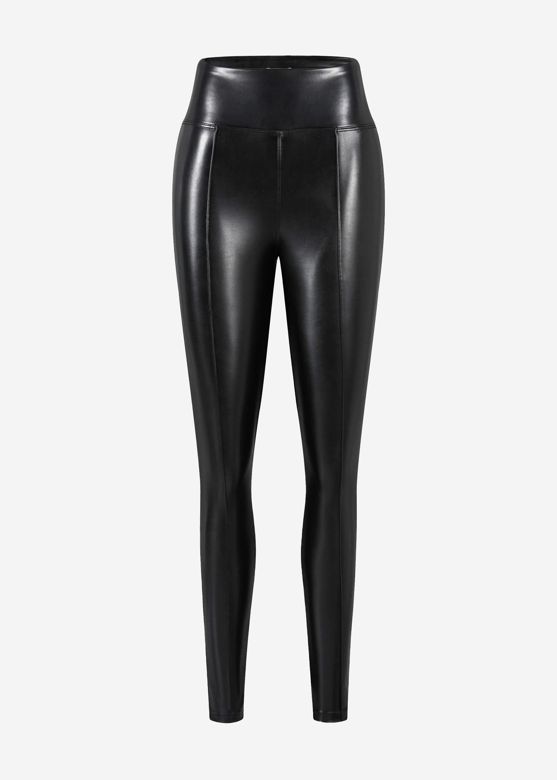 High-rise thermal faux leather leggings with piping - black