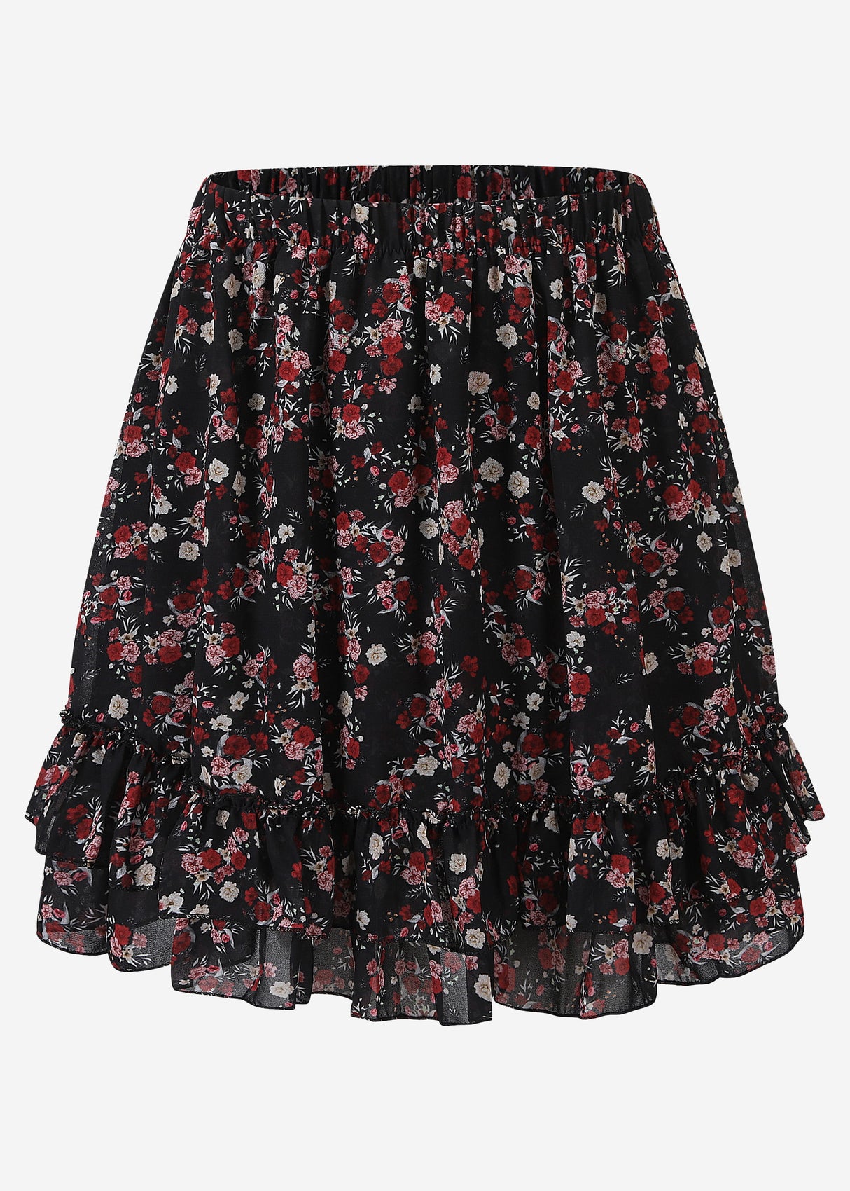 Flounce skirt with ruffles and floral print - black
