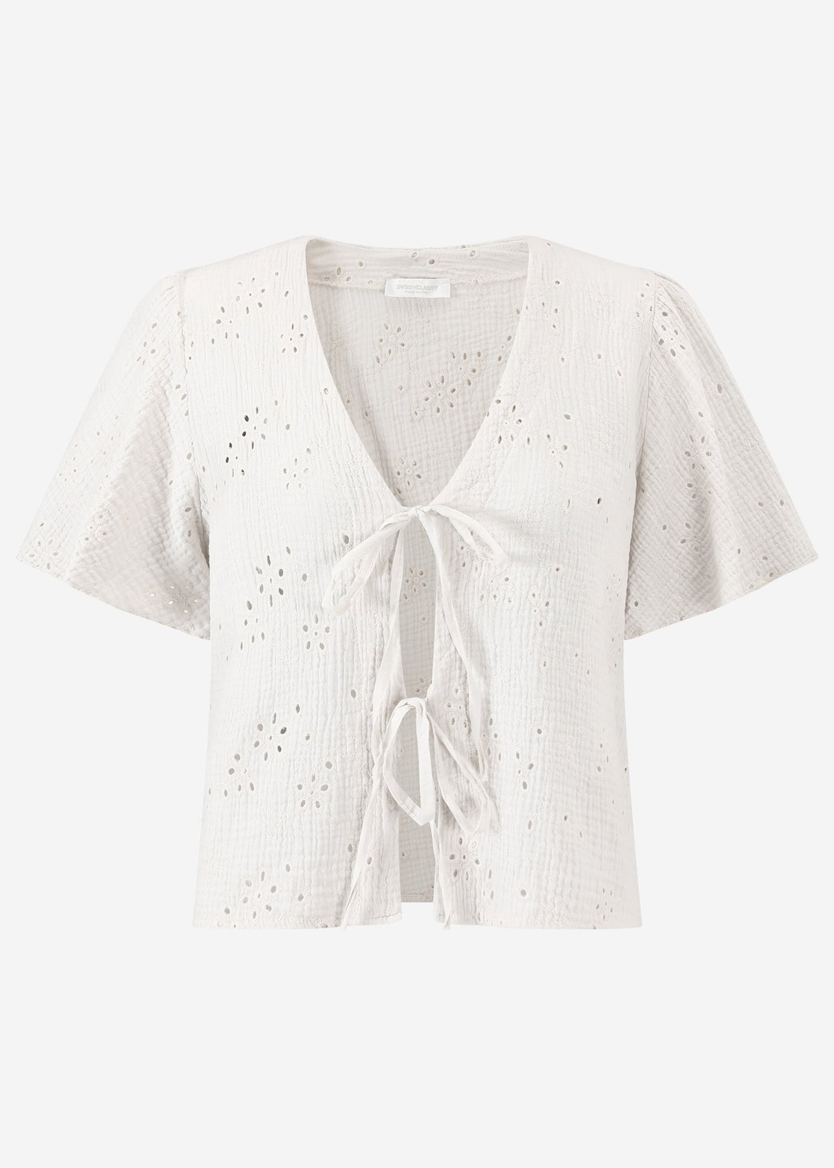 Muslin tie-up blouse with eyelet embroidery - light beige