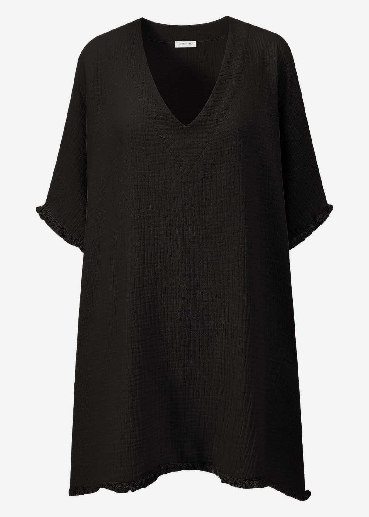 Muslin tunic with fringes - black