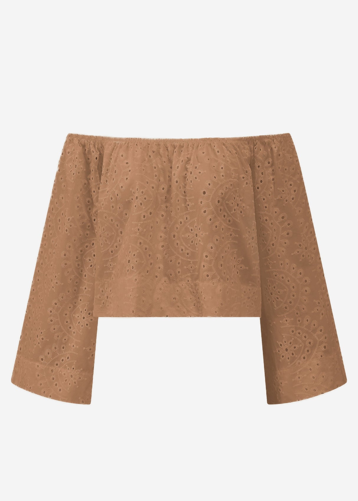 Off-the-shoulder long sleeve top with eyelet embroidery - mocha mousse