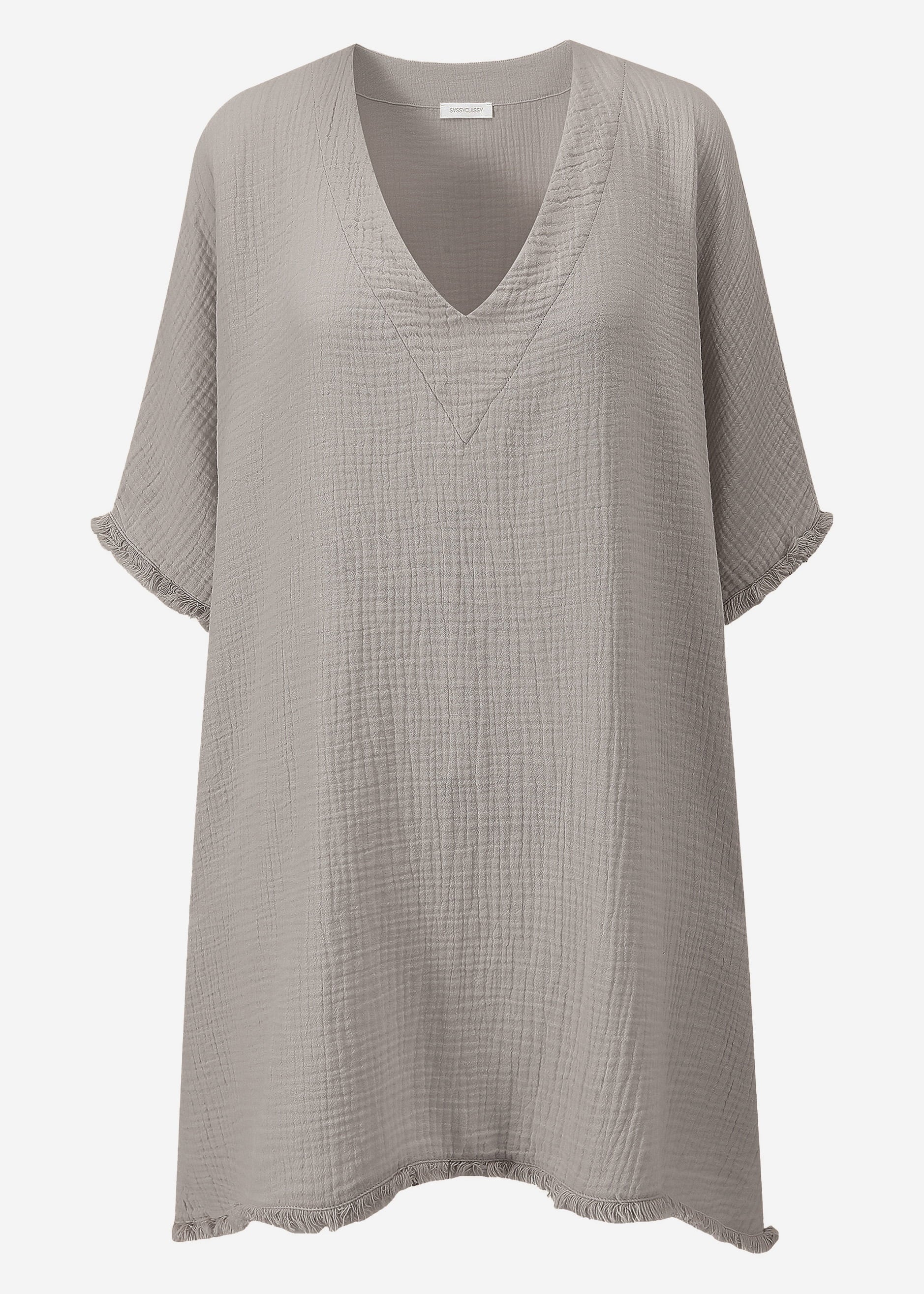 Musselin Tunika mit Fransen - taupe