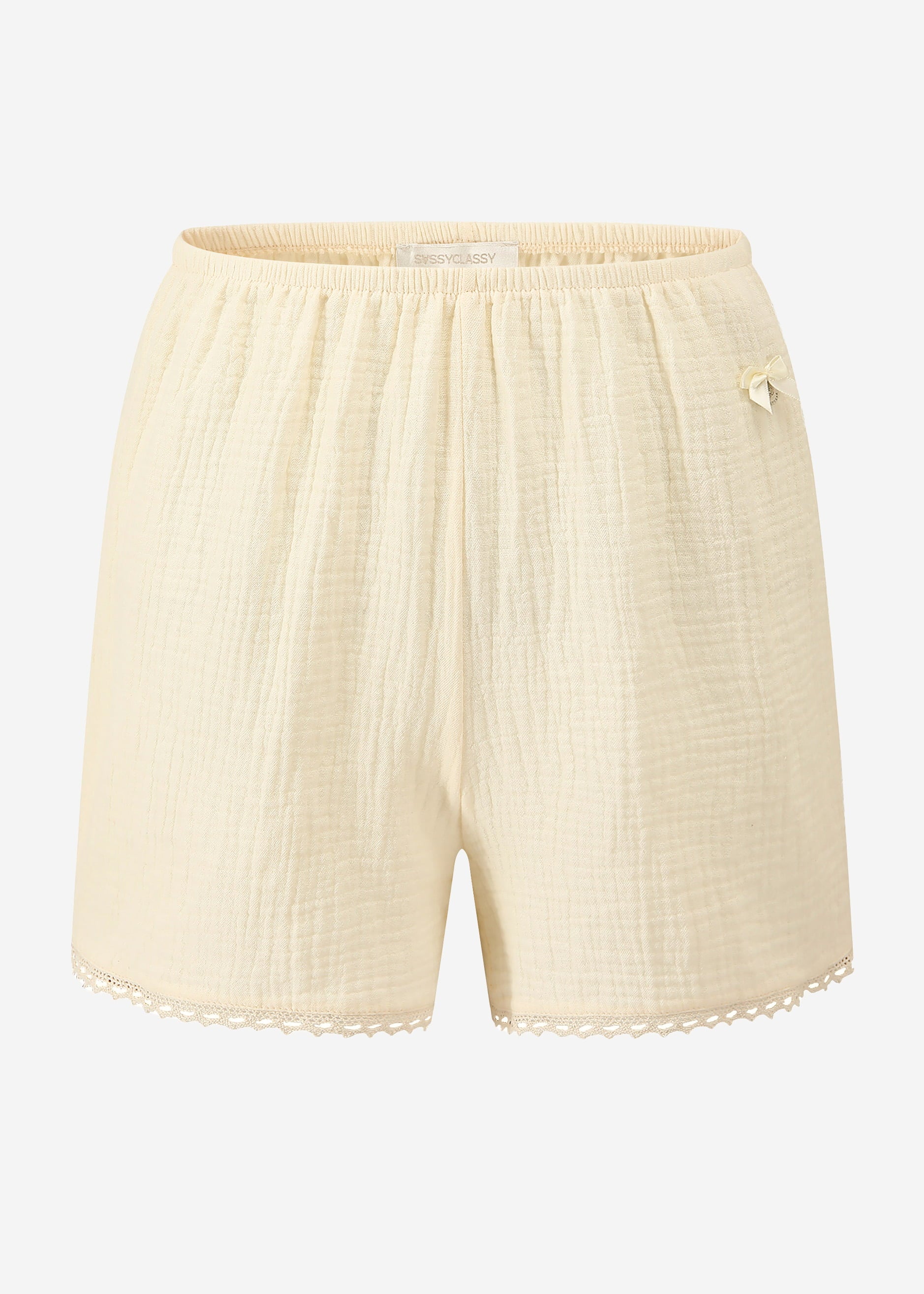 Muslin pyjama shorts with lace border - butter yellow