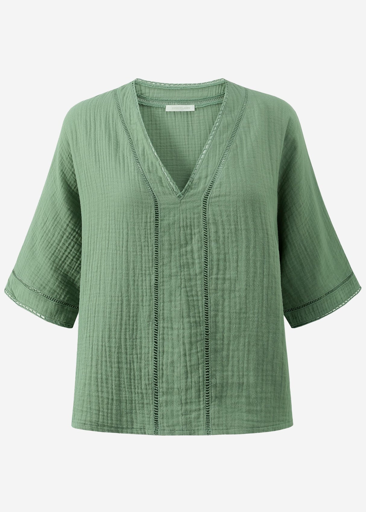 Muslin blouse with lace insert - sage green
