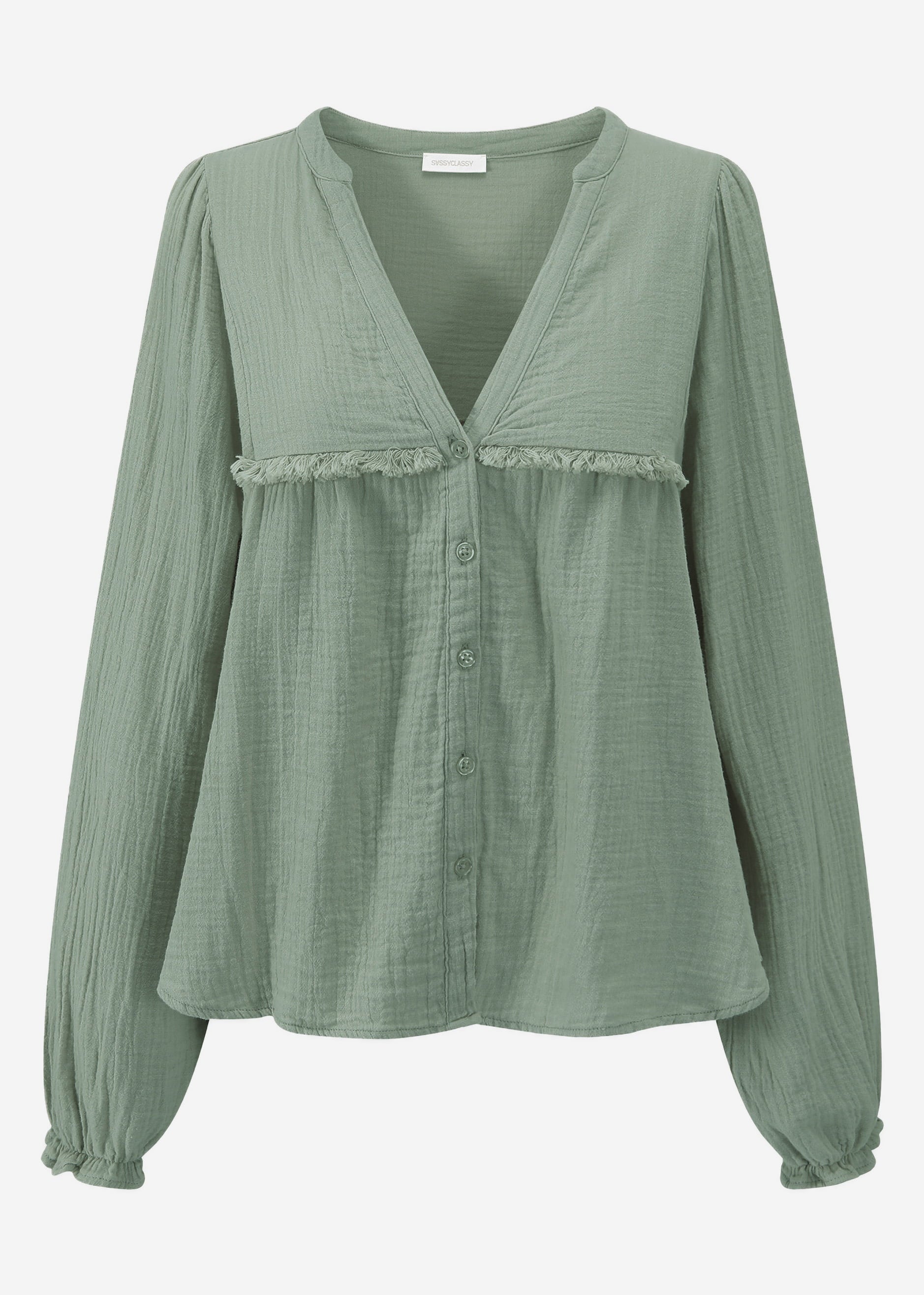 Muslin blouse with V-neck and fringes - sage green