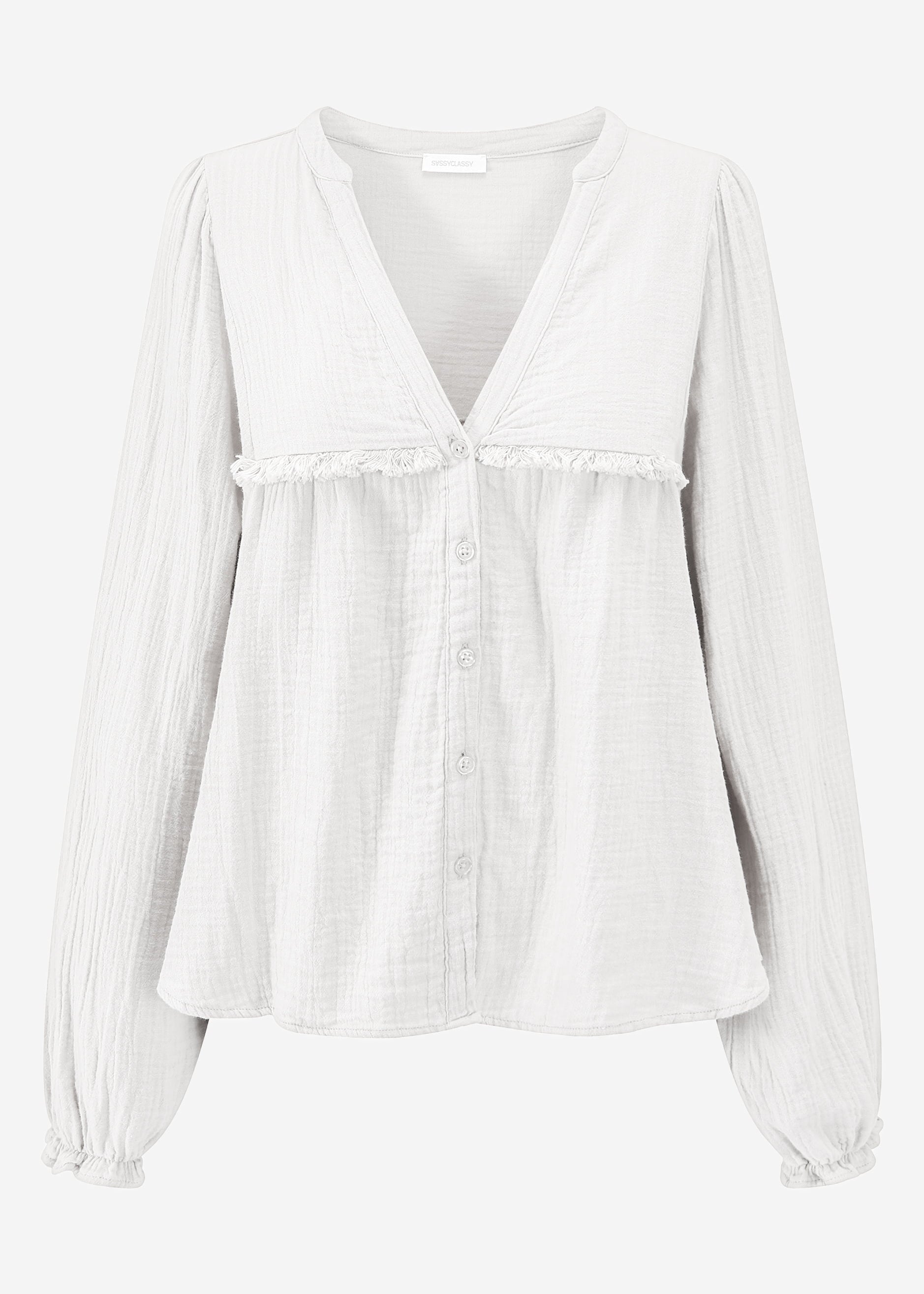 Musselin Bluse mit V-Ausschnitt und Fransen - weiß