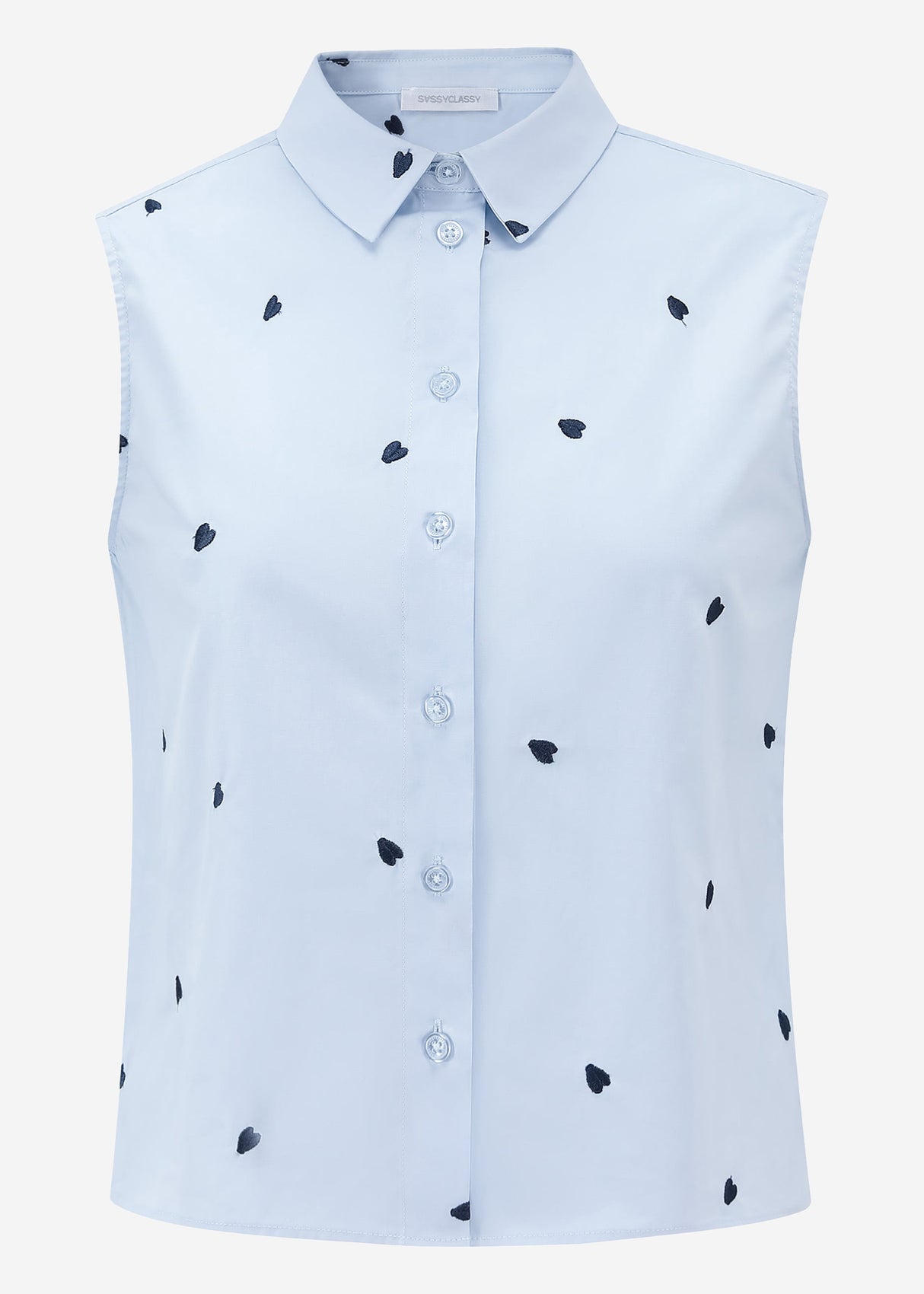Ärmellose Bluse mit dunkelblauer Herzstickerei - hellblau