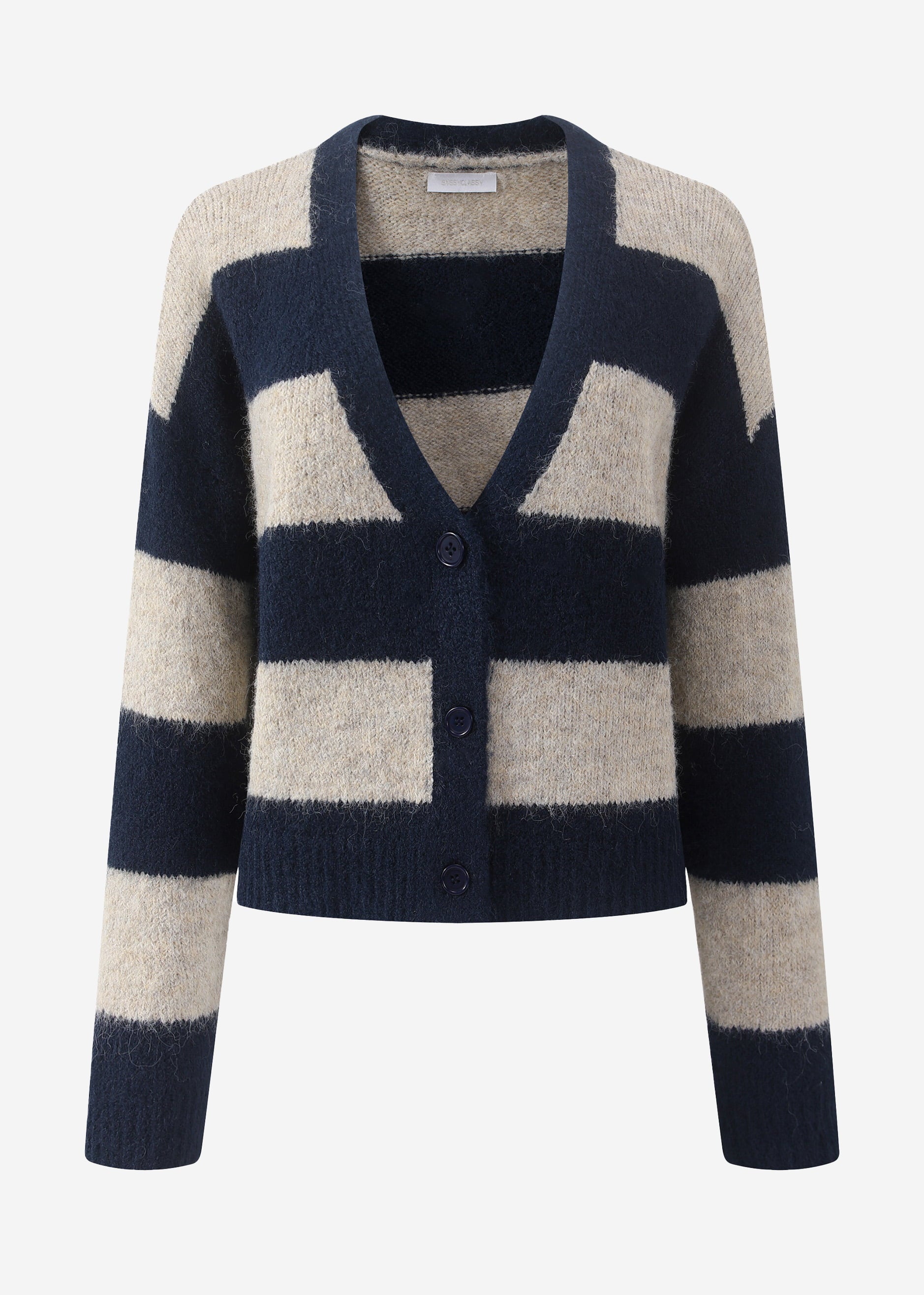Cardigan with block strips and V-neck-beige-dark blue