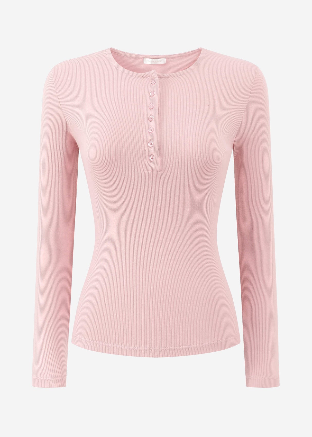 Geripptes Langarmshirt mit Knopfleiste - rosa