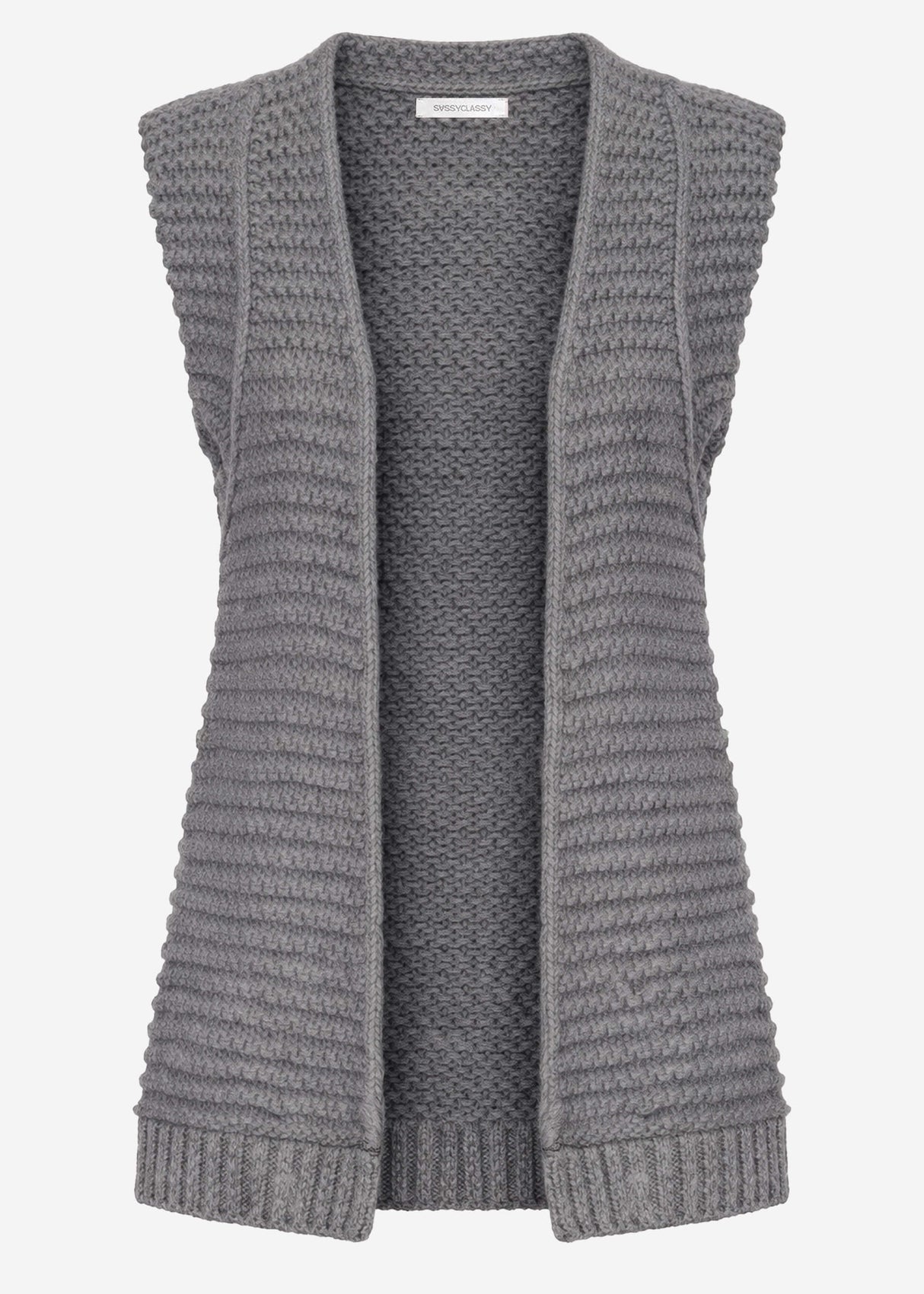 Long sleeveless knitted vest with structured shoulders - grey