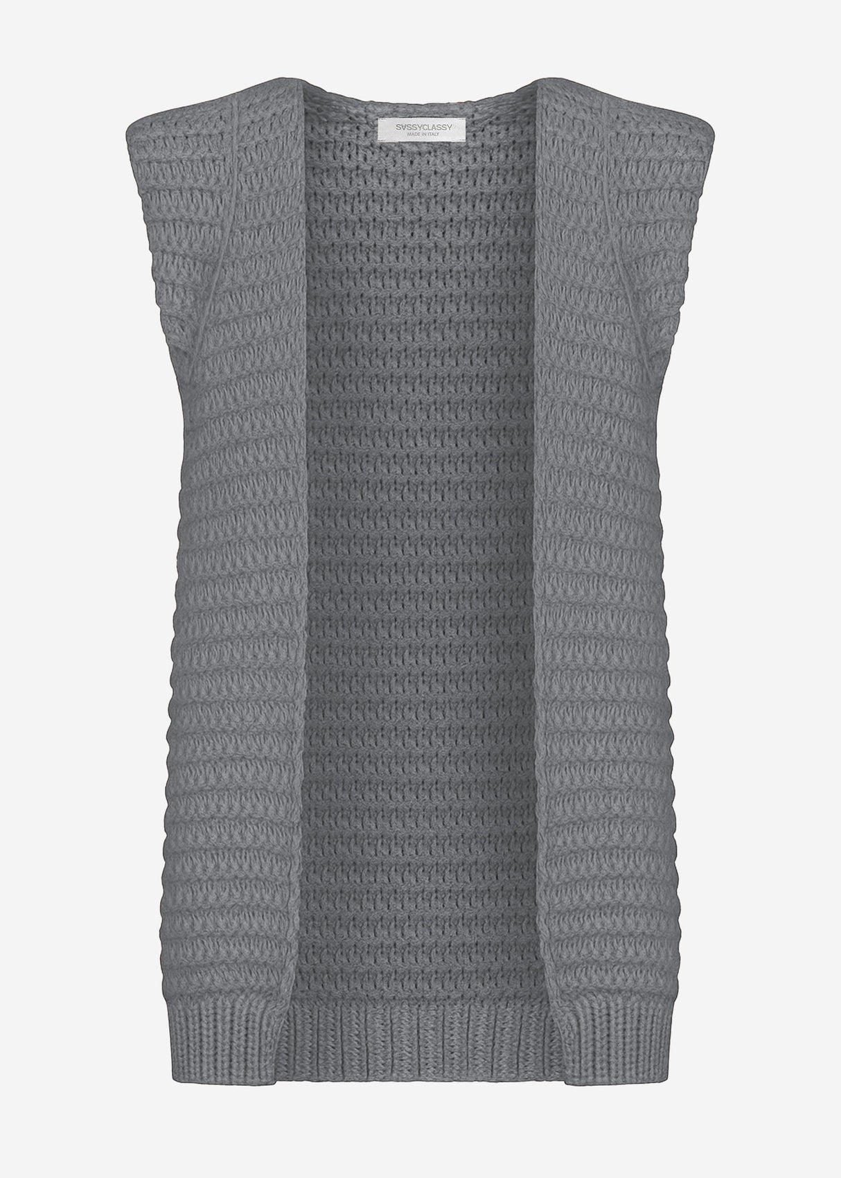 Lange ärmellose Strickweste mit strukturierten Schultern - grau