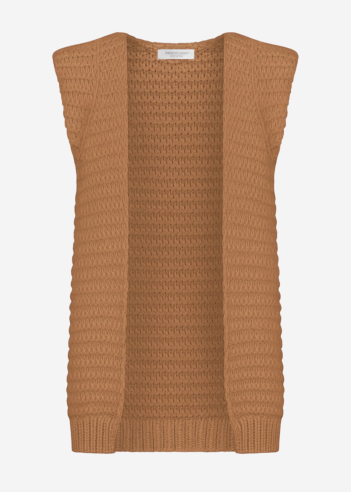 Lange ärmellose Strickweste mit strukturierten Schultern - camel