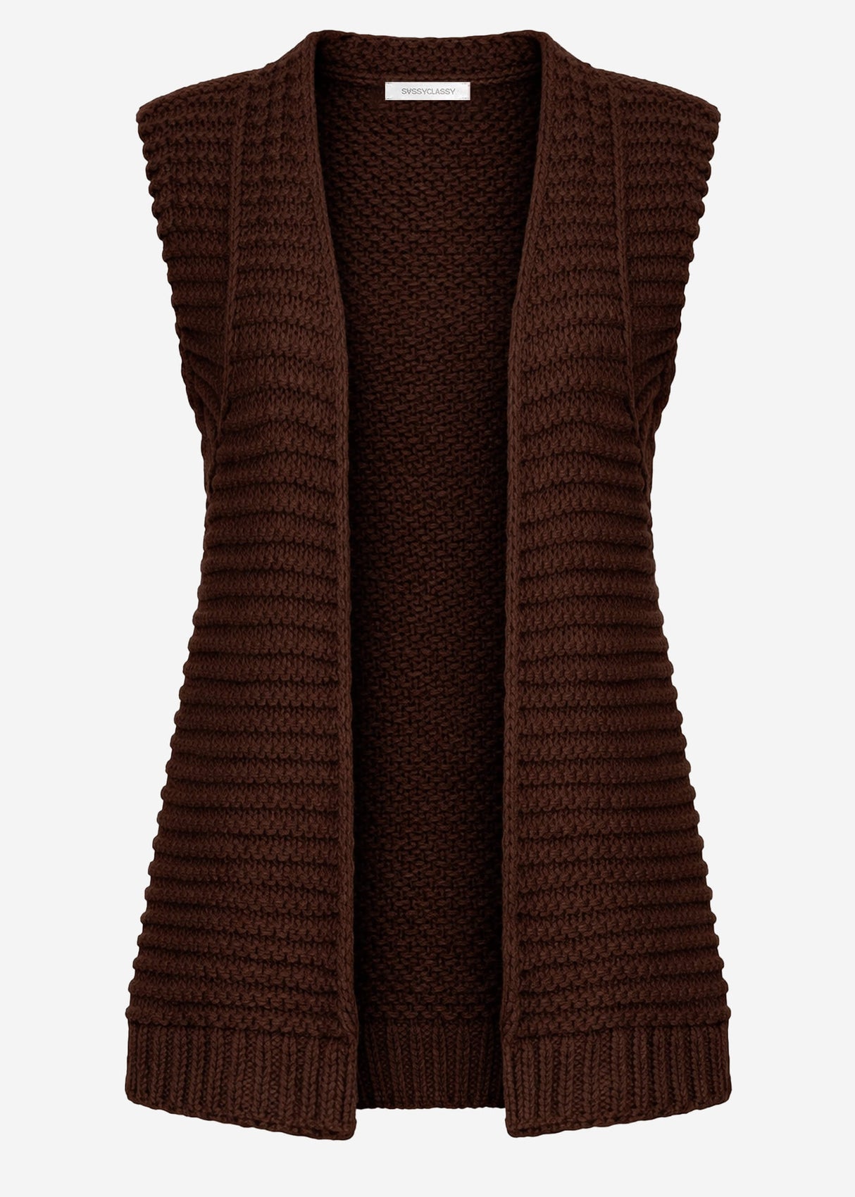 Lange ärmellose Strickweste mit strukturierten Schultern - braun