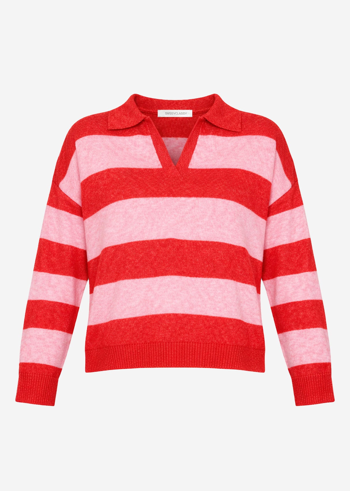 Gestreifter Pullover mit Polokragen - pink-rot