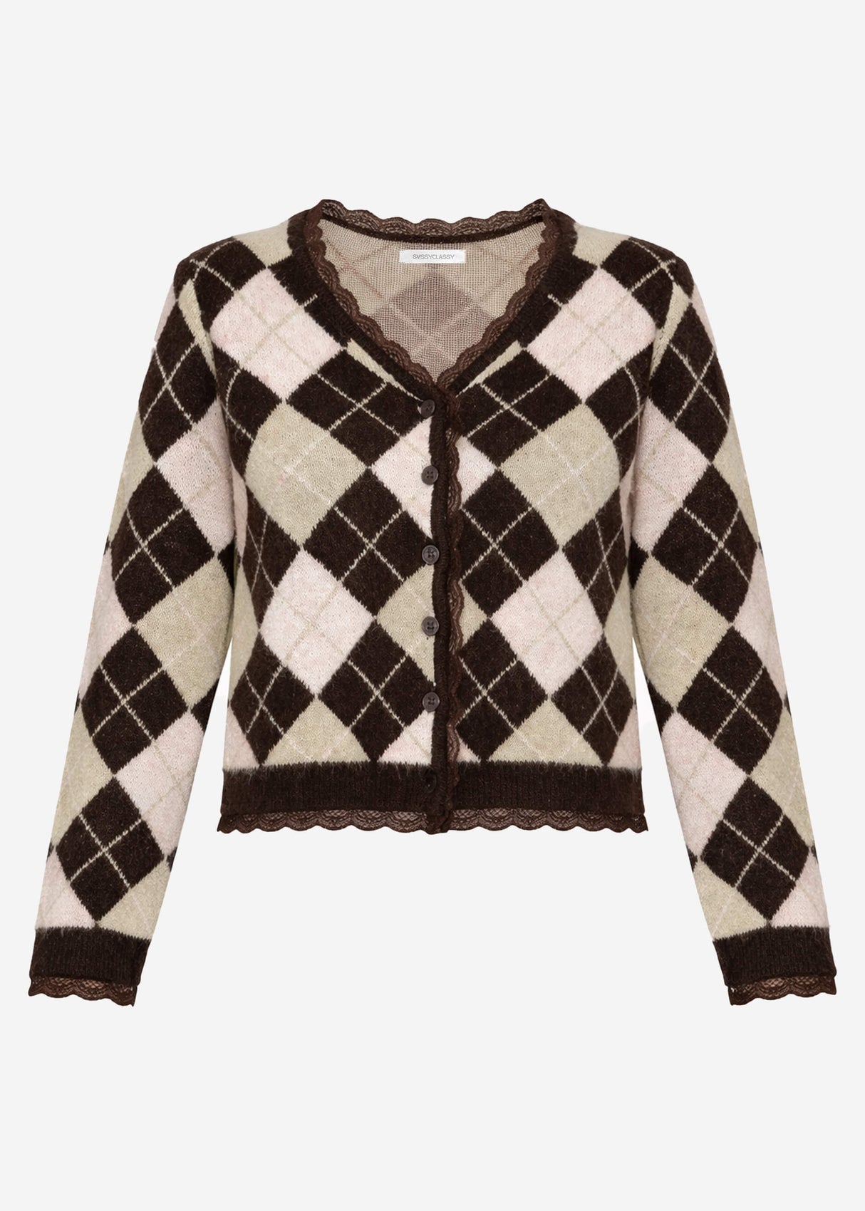 Cardigan with diamond pattern and lace trim - brown