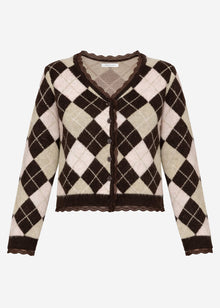 Strickjacke mit Rautenmuster und Spitzenborte - braun