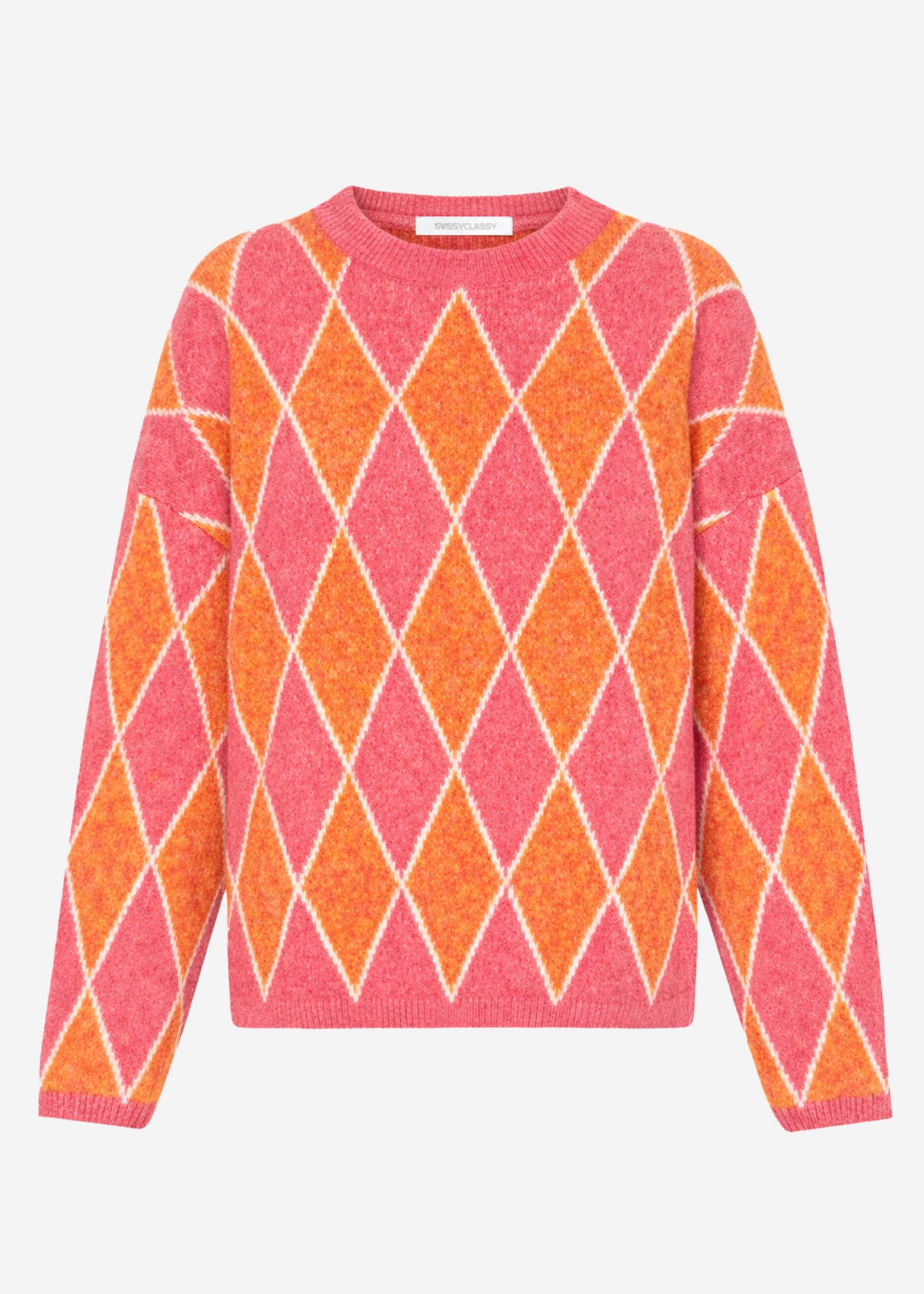Oversize Strickpullover mit Rautenmuster - pink-orange