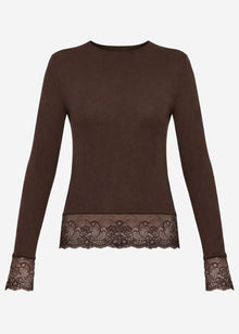 Long-sleeved top with lace trim and cashmere blend - brown