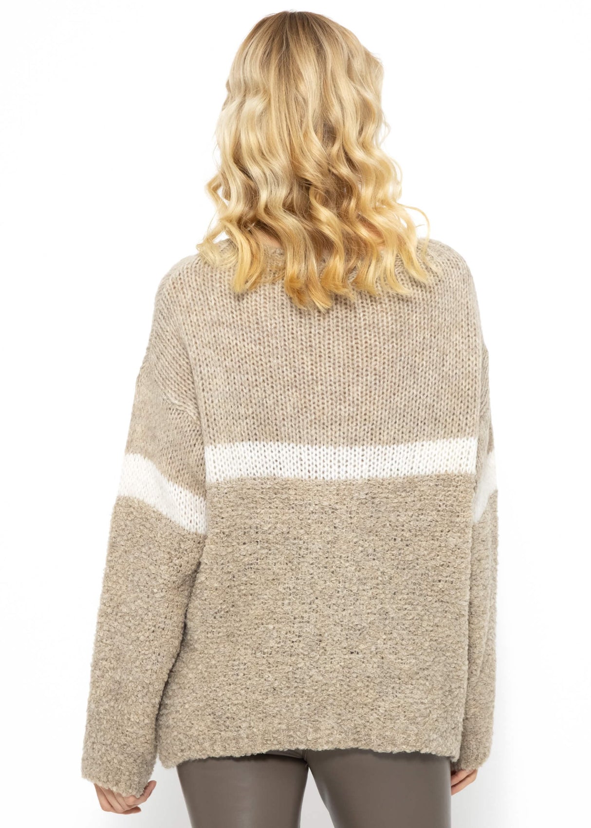 Fluffy sweater with striped design - beige-off-white