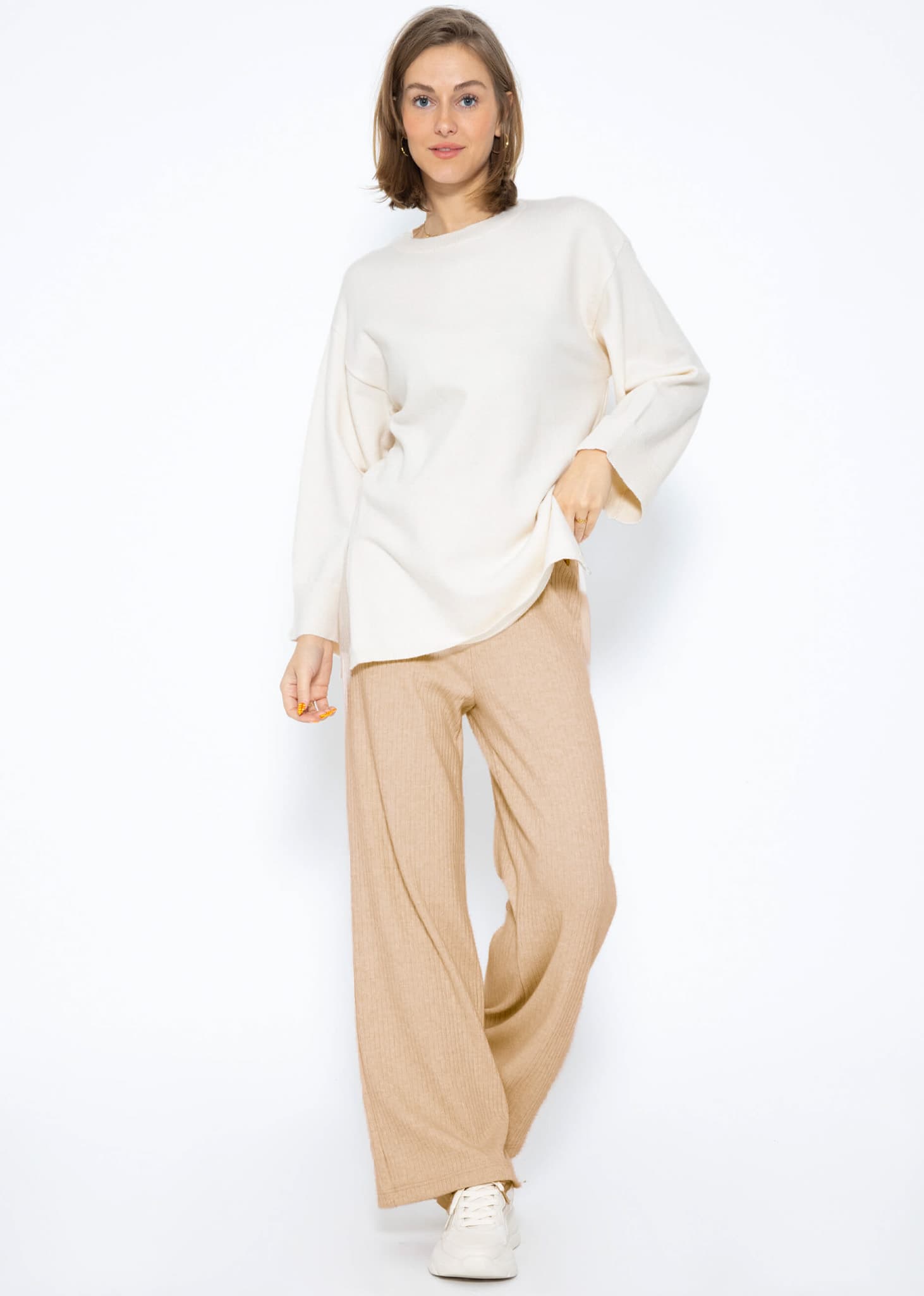 Ribbed wide-leg trousers - light beige