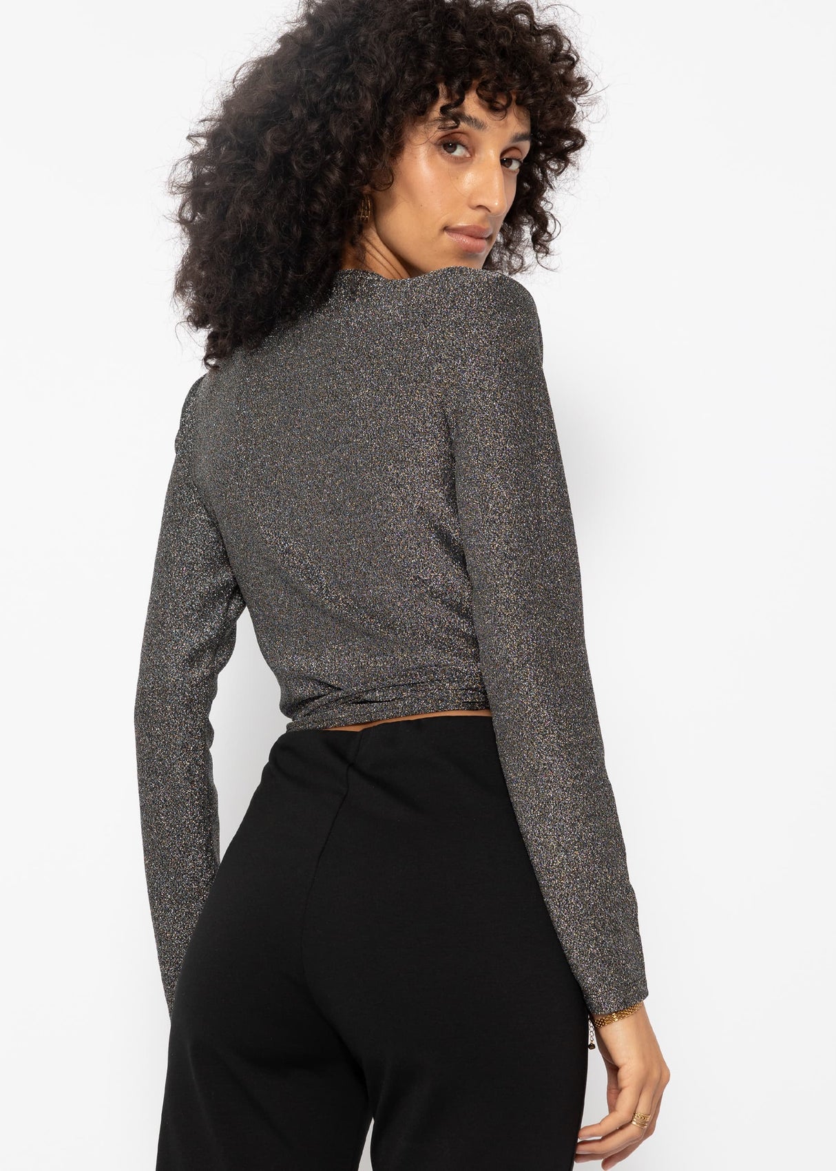 Glitzerndes Langarmshirt zum Wickeln - silber