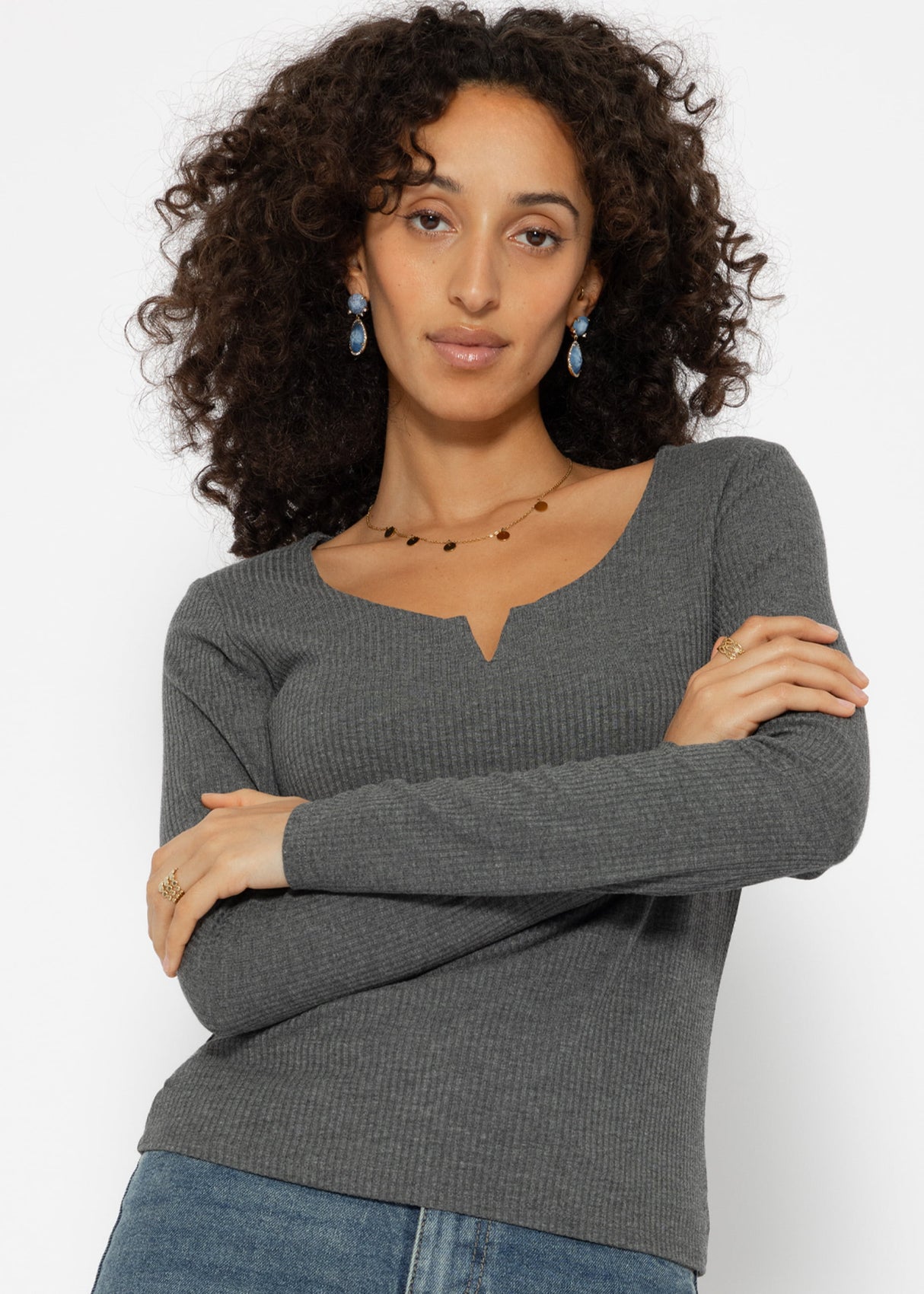 Ribbed long-sleeved shirt - dark grey